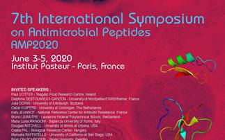 Afiche del 7º Simposio internacional sobre péptidos antimicrobianos (AMP2020), donde indica fecha del 3 - 5, 2020 en Instituto Pasteur, París, Francia e invita a visitar la página www.amp2020.conferences-pasteur.org 