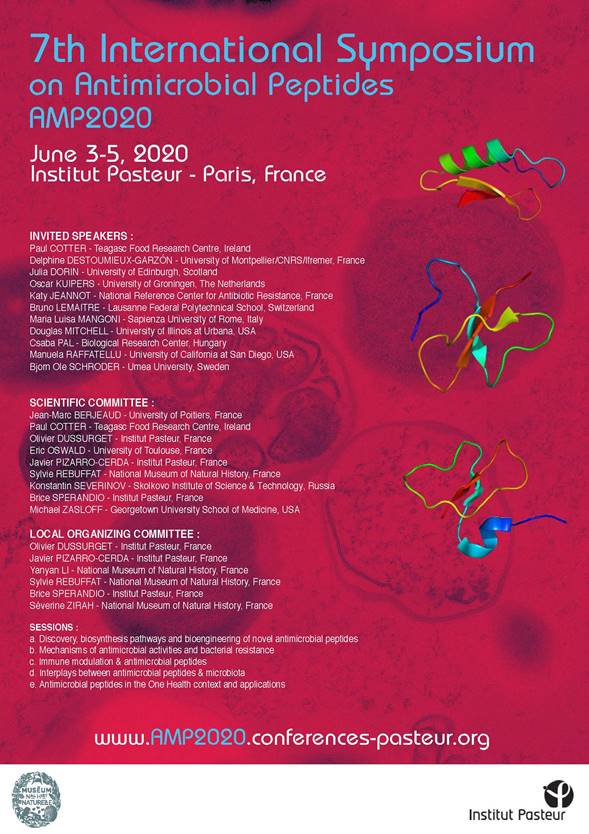 Afiche del 7º Simposio internacional sobre péptidos antimicrobianos (AMP2020), donde indica fecha del 3 - 5, 2020 en Instituto Pasteur, París, Francia e invita a visitar la página www.amp2020.conferences-pasteur.org  