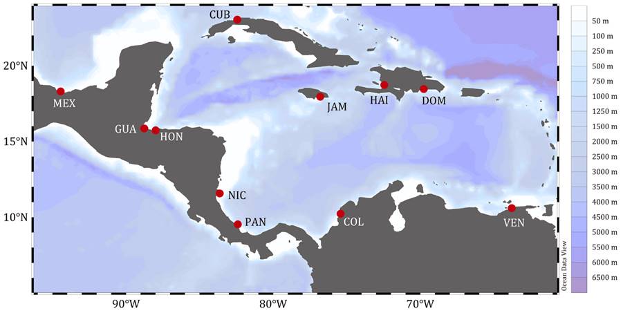 Foto de un mapa de la zona donde se recogen sedimentos; se muestra Centroamérica, México, Colombia, Jamaica, Cuba, Haití y República Dominicana.
https://www.scidev.net/filemanager/root/site_assets/2020_lac___october/sedimentos_caribe3.jpg