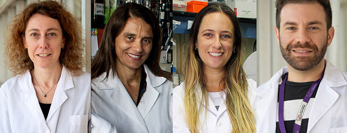 Foto ilustrativa, collage de 4 investigadores (3 mujeres y dos hombres), posan en fotos de medio cuerpo todos con bata blanca, sonríen.