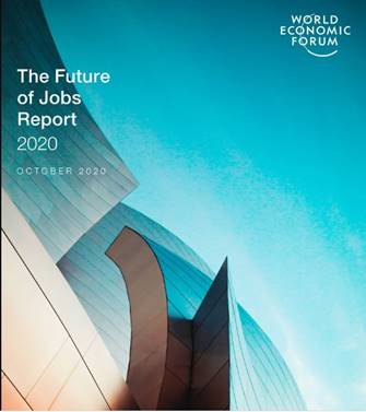 Foto de la portada del documento "The Future of jobs Report 2020"; en un fondo de color celeste encendido sobresalen una figuras abstractas en tonos café y beige.