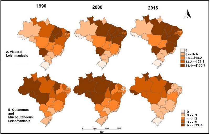 Figura - taxa de YLL para Leishmaniose Visceral e taxa de YLD para leishmaniose cutânea e mucocutânea nos estados brasileiros