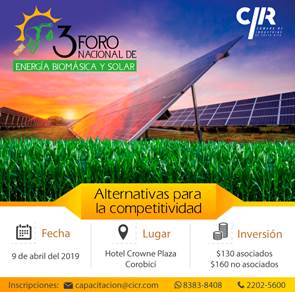 Afiche de invitación al Foro Nacional de Energía Biomasa y Solar; a celebrarse el día 9 de abril del 2019; en el Hotel Crown Plaza Corobicí, para información llamar al número de teléfono 2202-5600 o por whatsapp al número de celular 8383-8408.