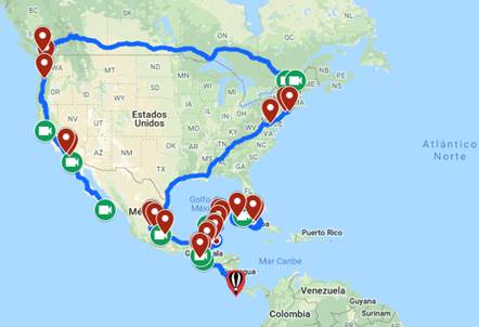 Foto del mapa de Norteamérica y Centroamérica, donde se resaltan todos los puntos del recorrido.