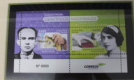 Foto de la emisión postal donde aparecen los científicos costarricenses Clodomiro Picado Twight y Felícitas Chaverri Matamoros.
