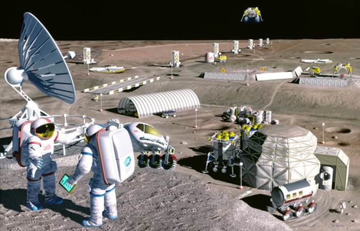 Representación artística de 1995 de una operación lunar de extracción de oxígeno del suelo lunar en Mare Serenatatis, a pocos kilómetros del lugar de aterrizaje del Apolo 17. / SAIC/Pat Rawlings