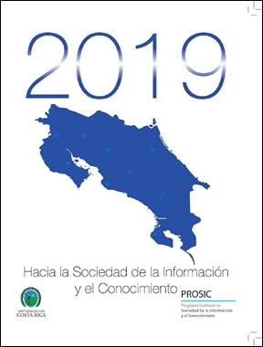 Foto de la portada del documento "Hacia la Sociedad de la Información y el Conocimiento", tiene un mapa de Costa Rica en azul y el número 2019.