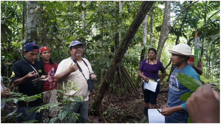 Un grupo de 4 personas en el bosque prestan atención a las explicaciones del instructor.
