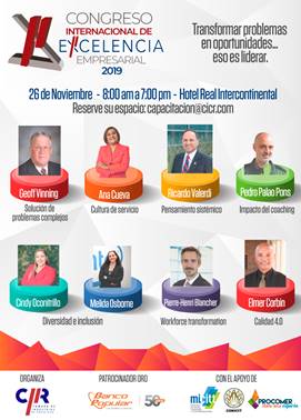 Afiche de invitación al Congreso Internacional de Excelencia Empresarial 2019, a realizarse 26 de noviembre de 8:00 am a 7:00 pm en el Hotel Real Intercontinental.