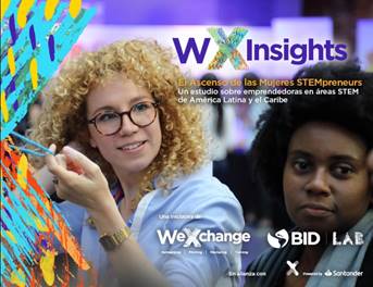 Portada del documento "wX Insights 2020: El Ascenso de las Mujeres STEMpreneurs", dos jóvenes mujeres sentadas en una mesa de trabajo; una de raza negra y otra blanca.