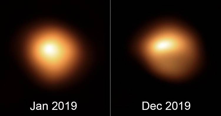 Dos fotos de la Estrella betelgeuse una tomada en enero 2019 y otra en diciembre 2019, donde se nota el cambio de forma.

https://d7lju56vlbdri.cloudfront.net/var/ezwebin_site/storage/images/_aliases/img_1col/noticias/el-brillo-y-la-forma-de-la-estrella-betelgeuse-estan-cambiando/8154581-1-esl-MX/El-brillo-y-la-forma-de-la-estrella-Betelgeuse-estan-cambiando.jpg