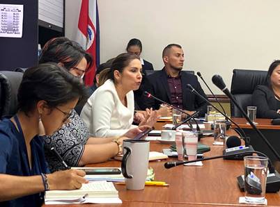 En la comparecencia de CONICIT ante la Asamblea Legislativa, en la foto se ve 5  diputados sentados a la mesa y la diputada Silvia Hernández haciendo uso de la palabra