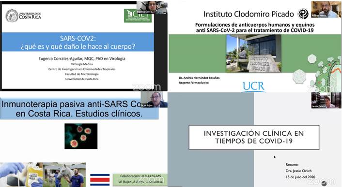 Foto divida en cuatro, donde se muestra títulos de diferentes  charlas: "SARS-COV-2: ¿qué es y qué daño le hace al cuerpo", Formulaciones de anticuerpos humanos y equinos anti SARS-CoV-2 para el tratamiento de COVID-19"; Inmunoterapia pasiva anti-SARS-CoVID en Costa Rica. Estudios Clínicos; "Investigación clínica en tiempos de COVID-19.
