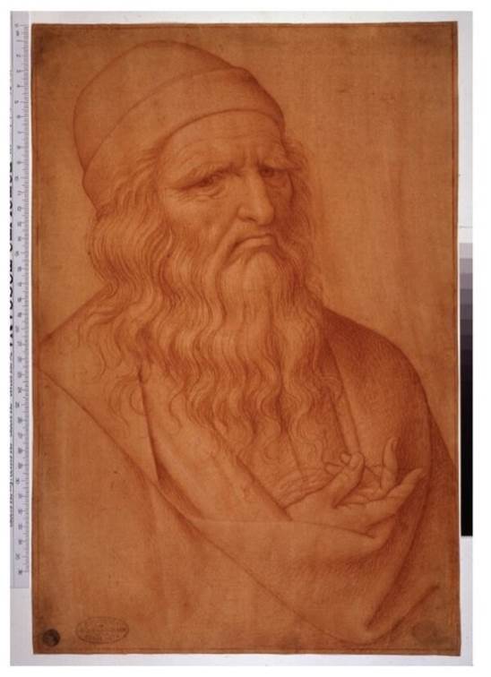 Retrato de Leonardo da Vinci, fecha desconocida (Siglo XVI), Giovanni Ambrogio Figino, tiza roja y dibujo sanguíneo, 41.6 28.2 cm (16.3 11.1 in.) Foto: Journal of the Royal Society of Medicine