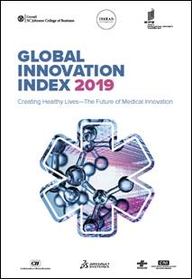 Portada del Infome dice: "GLOBAL INNOVATION INDEX 2019. Creating Healthy Lives - The Future of Medical Innovation".
La imagen es enlace al documento completo.