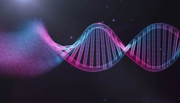 Imagen de la cadema del ADN en colores fusia y celeste en un fondo negro.