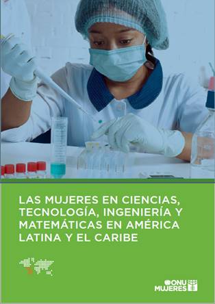 Portada de publicación, en la mitad superior muestra una investigadora en el laboratorio mientras realiza análisis; abajo el título de la publicación  en letras blancas con fondo verde claro "Las mujeres en ciencias, tecnología, ingeniería y matemáticas en América Latina y el Caribe"