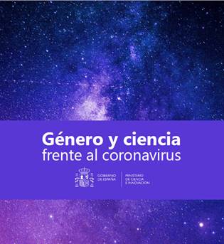 Portada de la publicación en un fondo del espacio estelar, el título sobre un fondo morado en letras blancas "Género y ciencia: frente al coronavirus"